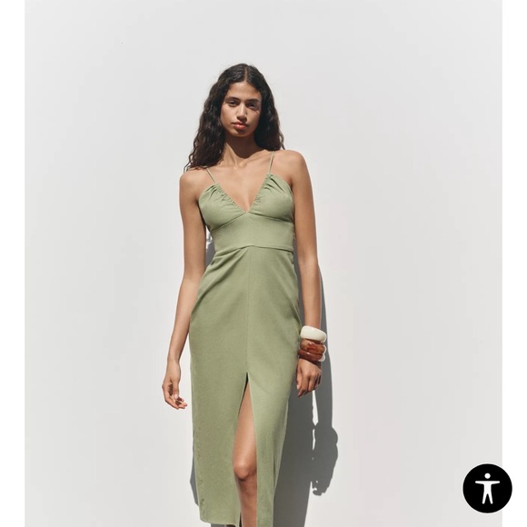 Zara Olive Green Linen Dress Strappy - Picture 6 of 10